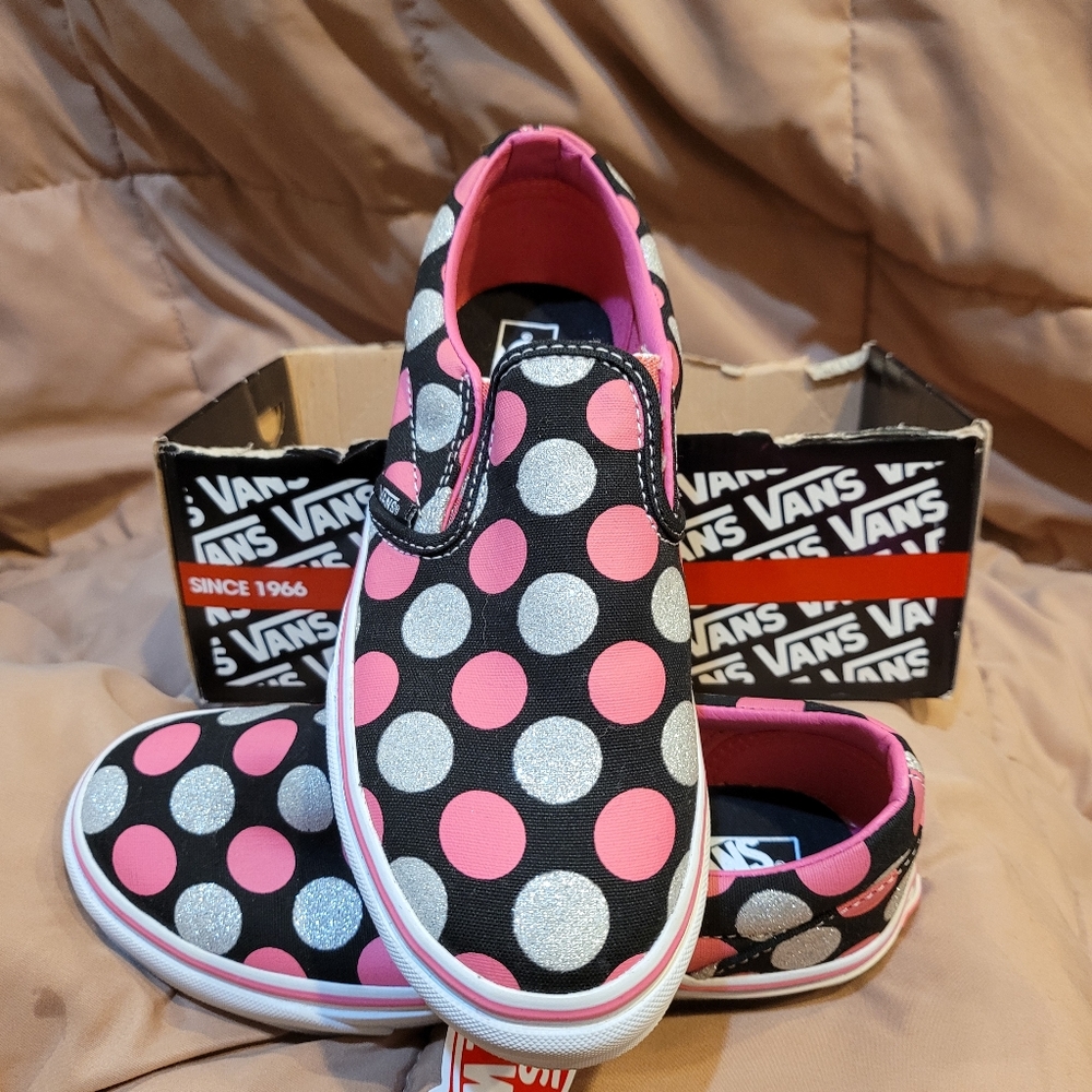 Vans new in box classic slip-on NEW 2.5 kids Big Glitter Dots Blk/Htpnk